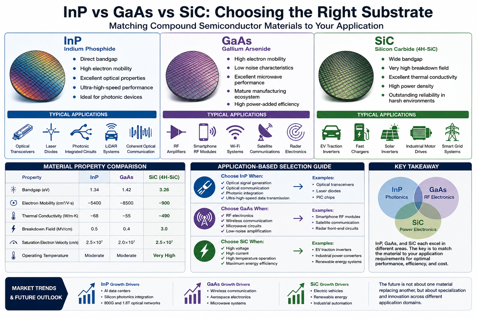 Últimos blogs de la empresa sobre InP vs GaAs vs SiC: ¿Cómo elegir el sustrato de semiconductor adecuado?